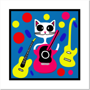 White Cat Guitar Rocker Posters and Art